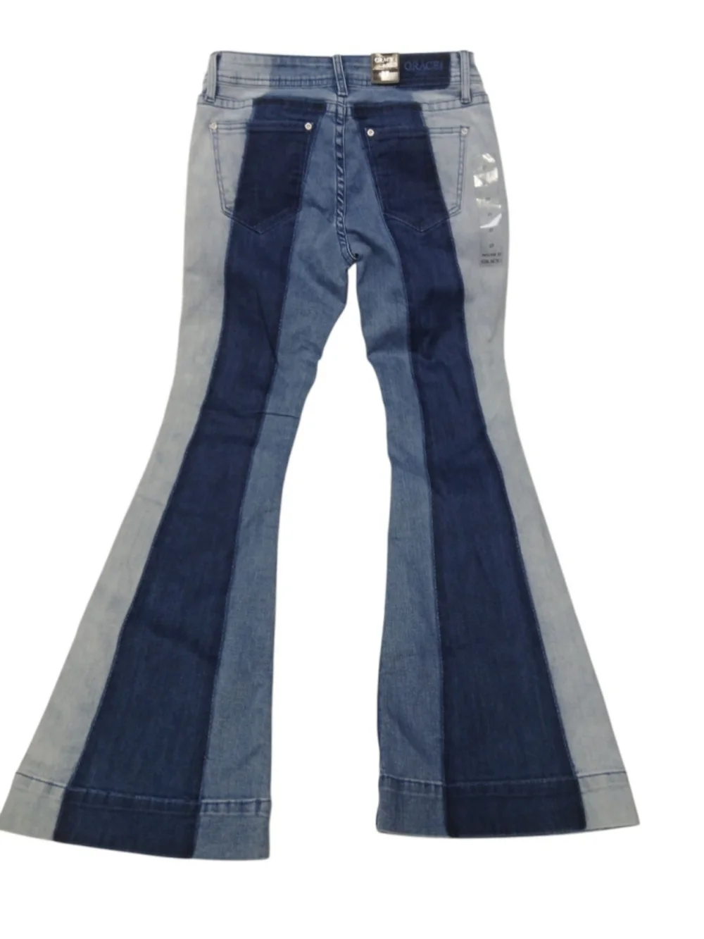 Grace in LA Retro 70's Flare Mid Rise Three Tone Penny Lane Jeans Boho Chic 27 - Picture 2 of 7
